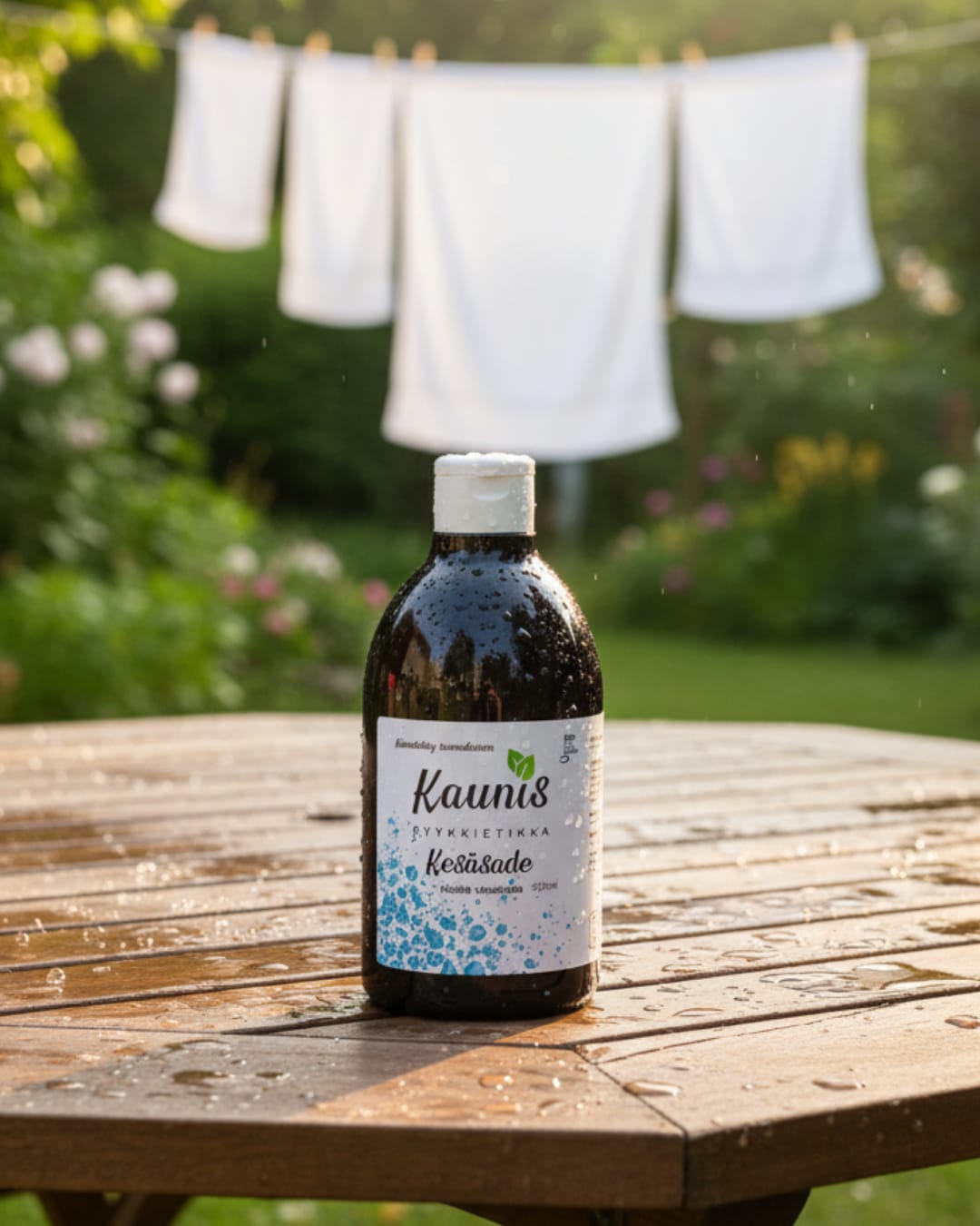 Kaunis Pyykkietikka Kesäsade ulkona puisella pöydällä sateen jälkeen, taustalla narulla roikkuvat valkoiset puhtaat lakanat